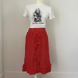 Vintage Fashion Village Red White Polka Dot Midi Skirt Ruffles Tie Belt Small